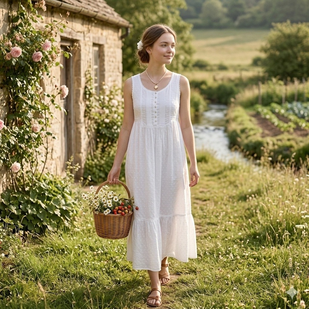 Shabby‎ Chic Prairie Peasant Cottage White Swiss Dot Embroidered Maxi Dress Sz S